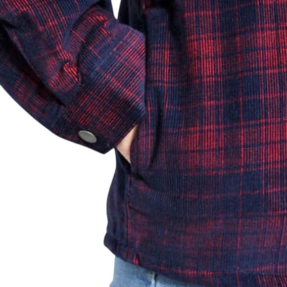 Soho Threads Corduroy Jacket Sherpa Fleece Hooded Plaid Blue Red M bv - Picture 4 of 15